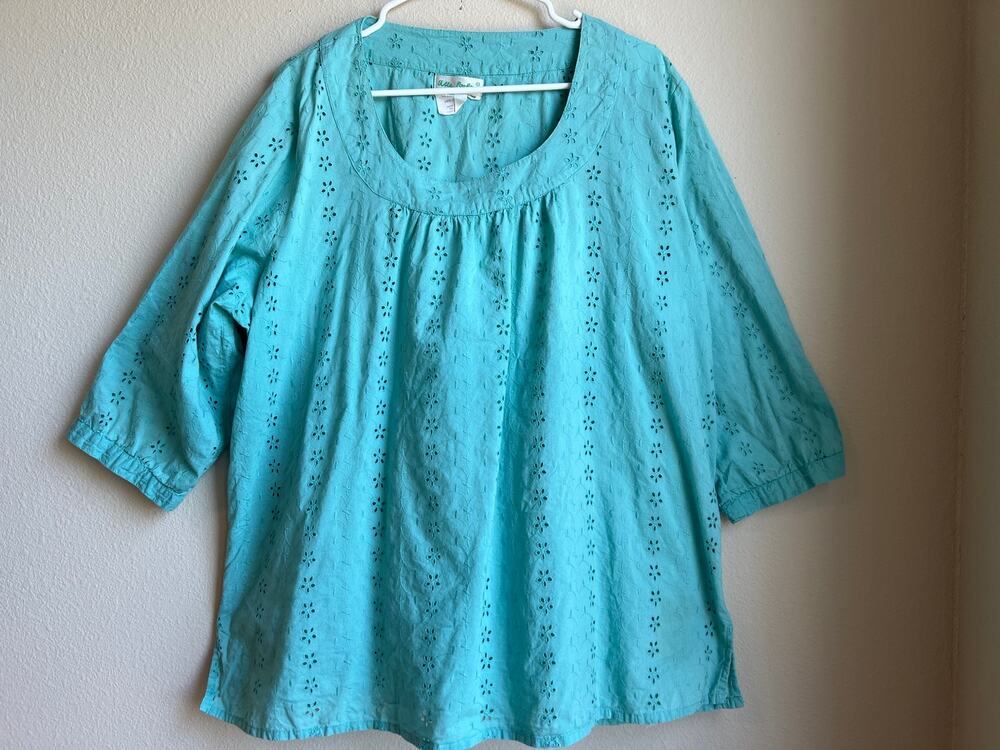 Ulla Popken Cotton Eyelet Relaxed Fit Scoop Neck Blouse Mint Green 20/22/ 2XL